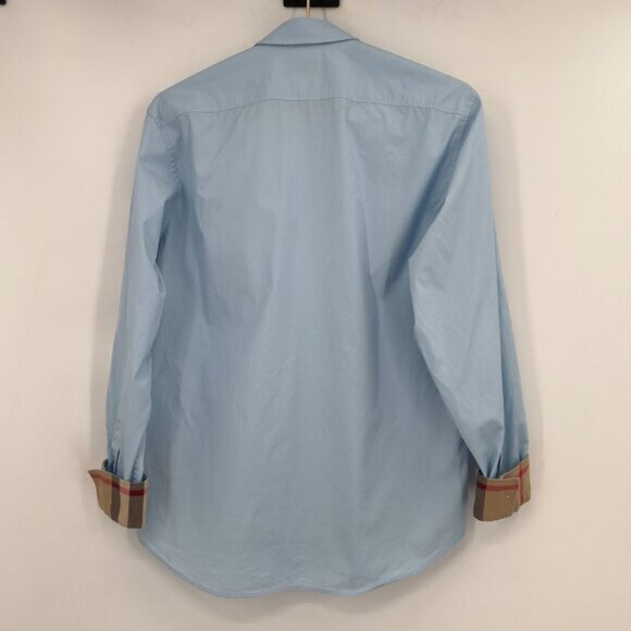 Burberry Men’s Luxury Light Blue Button-Up Shirt with Check Cuffs Size M - Picture 4 of 12